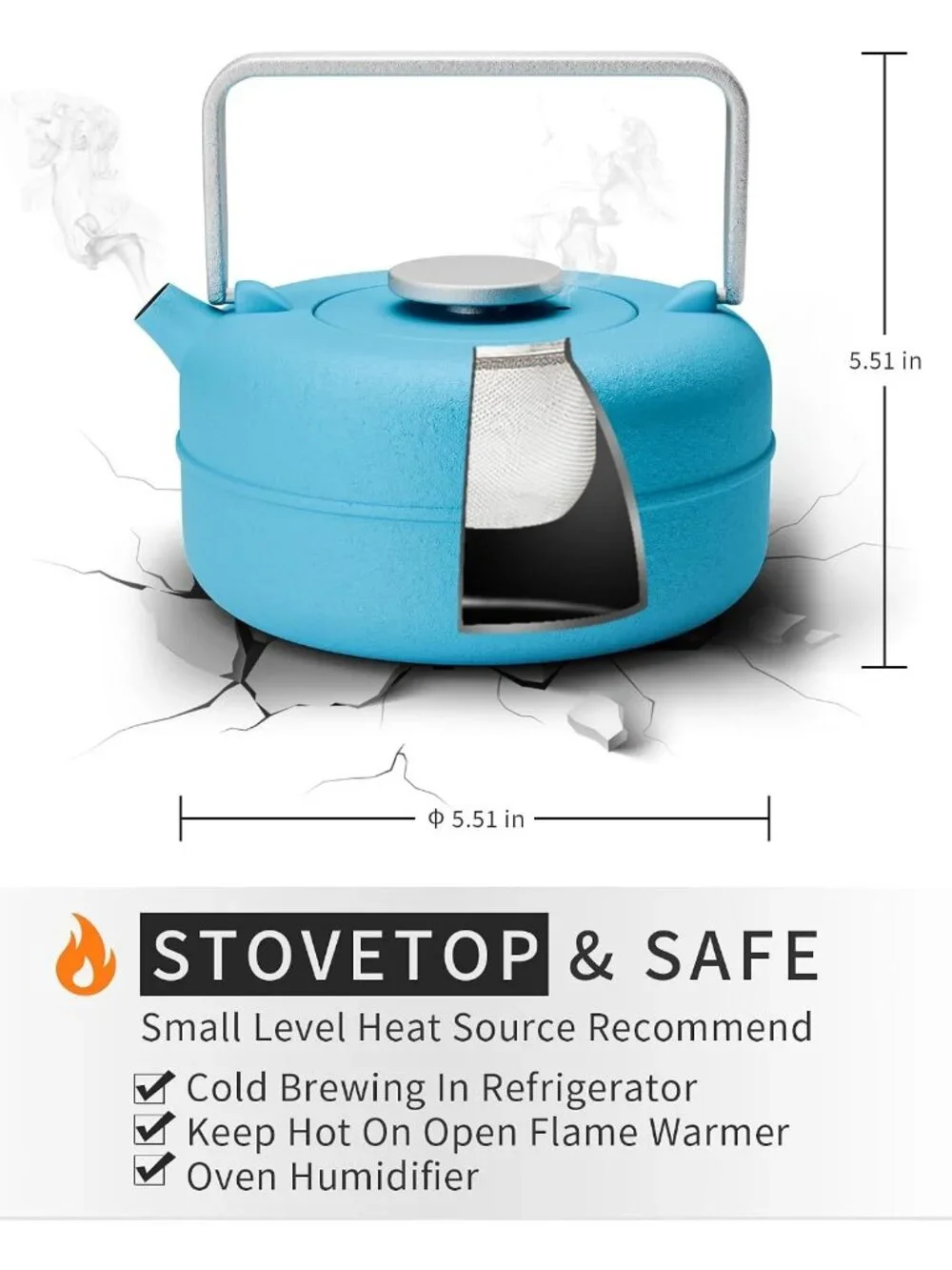 Blue Cast Iron Kitchen Tea pot With Infuser 27oz Enameled Stovetop Kettles